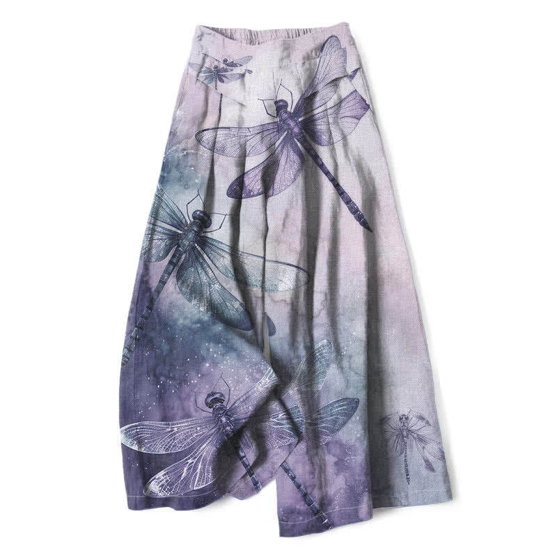 Buddha Stones Pantalones de mujer de algodón y lino con estampado de libélulas en acuarela, cintura elástica y pernera ancha con bolsillos. - Lavanda - US16，UK/AU20，EU48 (3XL) - image 7