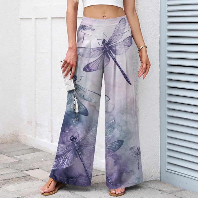 Buddha Stones Pantalones de mujer de algodón y lino con estampado de libélulas en acuarela, cintura elástica y pernera ancha con bolsillos. - image 8