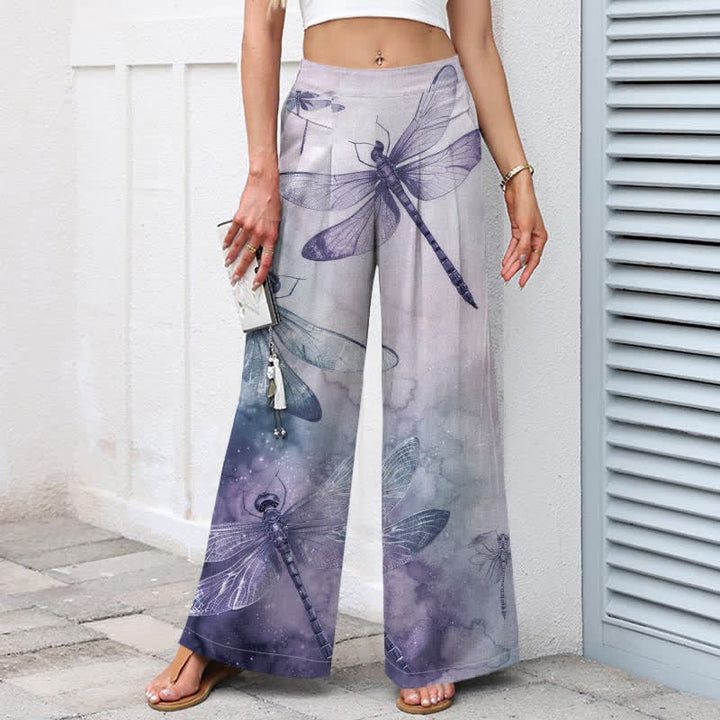 Buddha Stones Pantalones de mujer de algodón y lino con estampado de libélulas en acuarela, cintura elástica y pernera ancha con bolsillos. - image 8