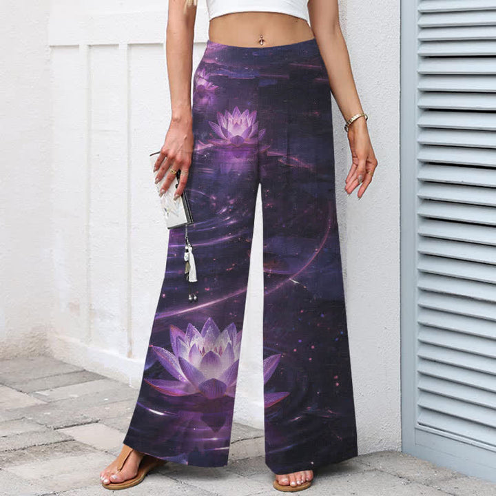 Buddha Stones Pantalones de mujer de algodón y lino con estampado Lotus Galaxy, cintura elástica y pernera ancha con bolsillos. - image 1
