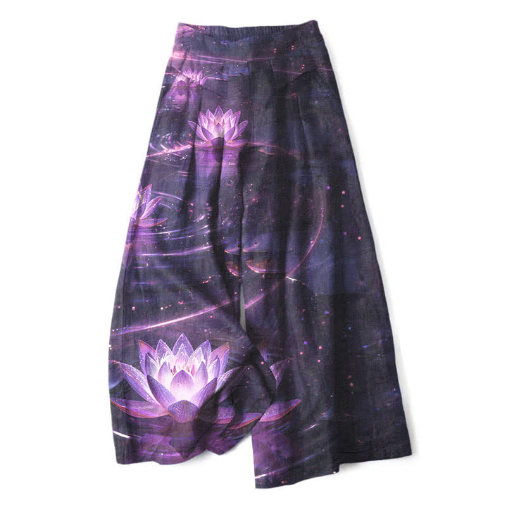 Buddha Stones Pantalones de mujer de algodón y lino con estampado Lotus Galaxy, cintura elástica y pernera ancha con bolsillos. - Índigo - US16，UK/AU20，EU48 (3XL) - image 0