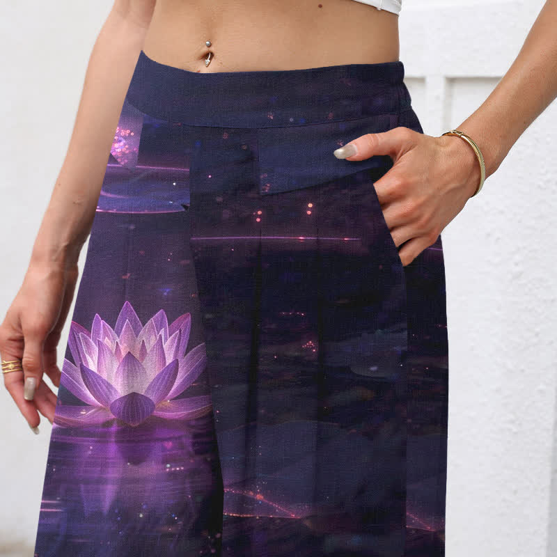 Buddha Stones Pantalones de mujer de algodón y lino con estampado Lotus Galaxy, cintura elástica y pernera ancha con bolsillos. - image 2