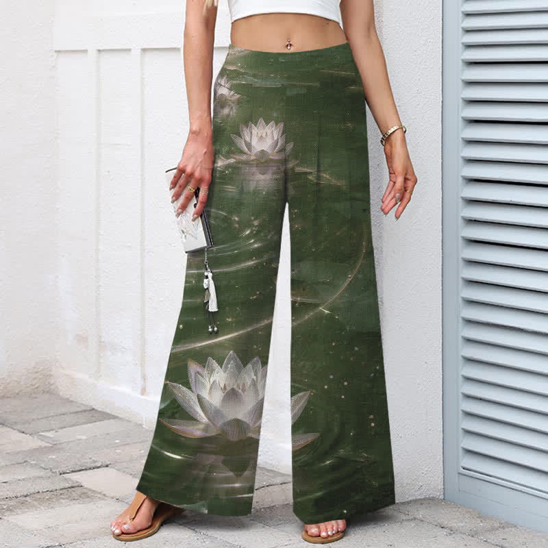 Buddha Stones Pantalones de mujer de algodón y lino con estampado Lotus Galaxy, cintura elástica y pernera ancha con bolsillos. - image 6