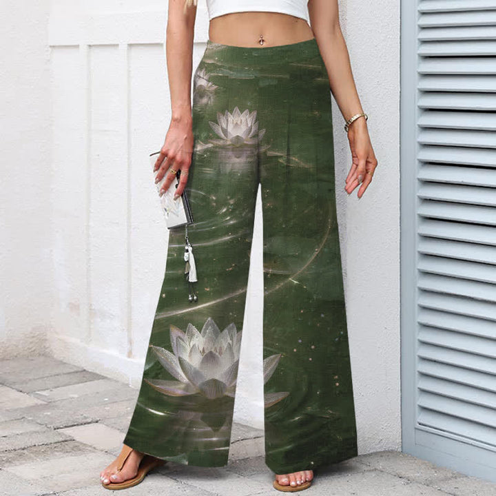 Buddha Stones Pantalones de mujer de algodón y lino con estampado Lotus Galaxy, cintura elástica y pernera ancha con bolsillos. - image 6
