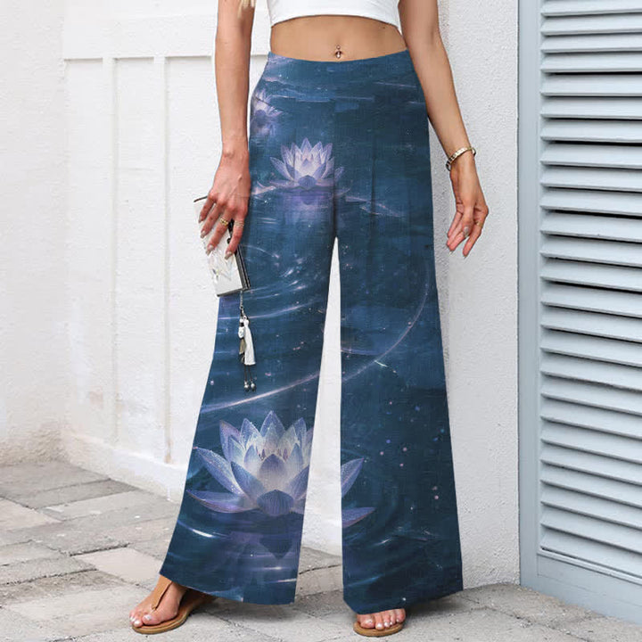 Buddha Stones Pantalones de mujer de algodón y lino con estampado Lotus Galaxy, cintura elástica y pernera ancha con bolsillos. - image 8