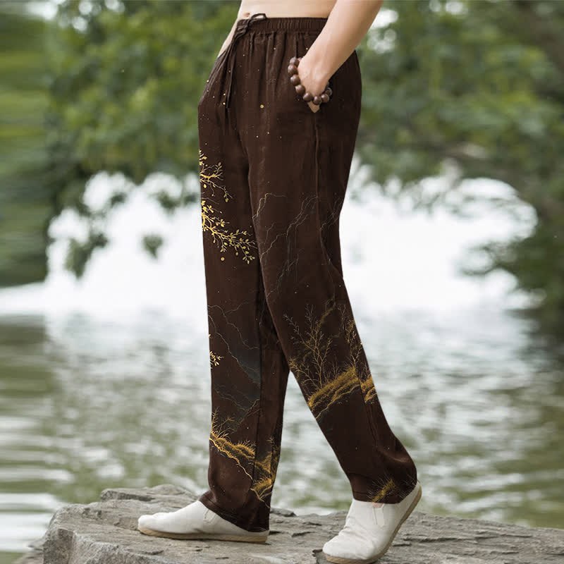 Buddha Stones Pantalones de hombre de algodón con estampado de ramas, corte cónico y bolsillos. - image 1