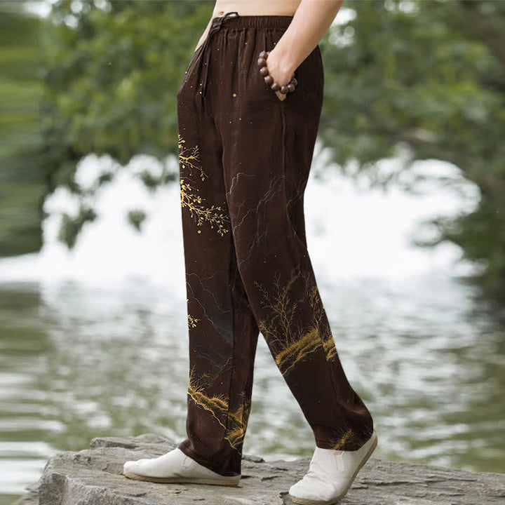Buddha Stones Pantalones de hombre de algodón con estampado de ramas, corte cónico y bolsillos. - image 1