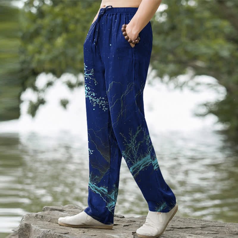 Buddha Stones Pantalones de hombre de algodón con estampado de ramas, corte cónico y bolsillos. - image 5