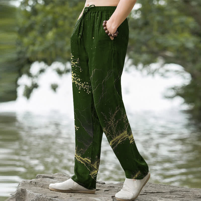 Buddha Stones Pantalones de hombre de algodón con estampado de ramas, corte cónico y bolsillos. - image 7
