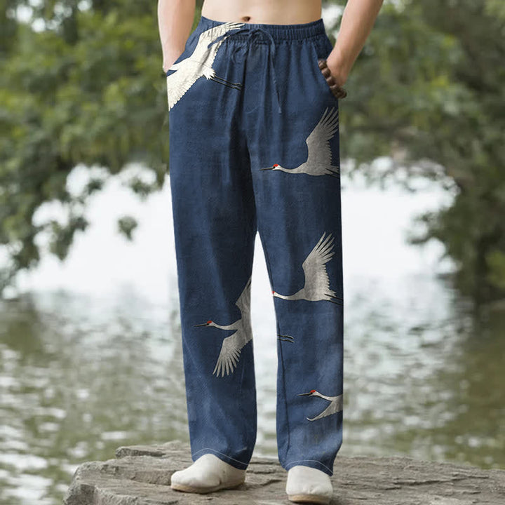 Buddha Stones Pantalones de hombre de algodón blanco con estampado de grullas voladoras, corte ajustado y bolsillos. - Marina de guerra - US/UK/AU50, EU60 (5XL) - image 6
