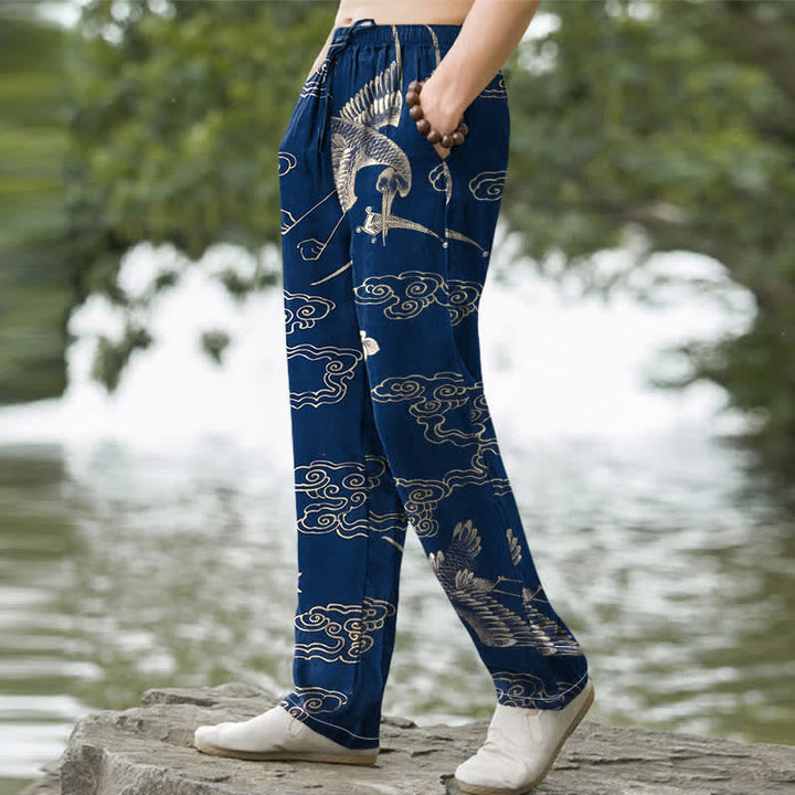 Buddha Stones Pantalones de hombre de algodón con estampado floral de grullas y nubes, corte cónico y bolsillos. - image 7