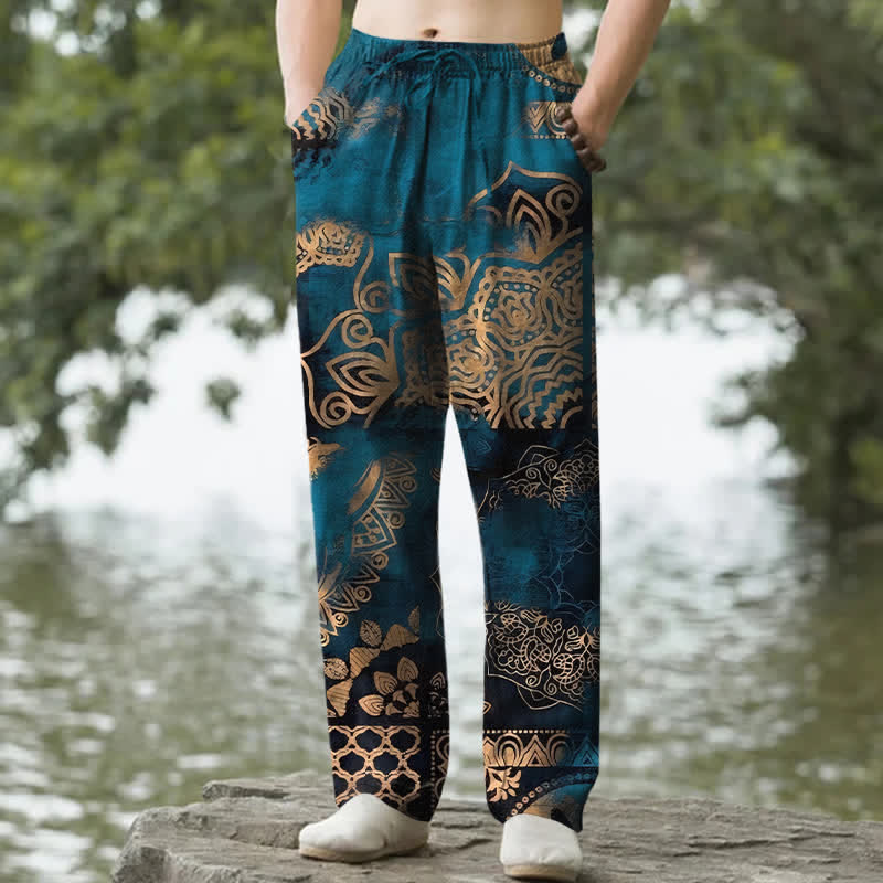 Buddha Stones Pantalones de hombre de algodón con estampado geométrico de mandala y corte ajustado, con bolsillos. - Verde azulado - US/UK/AU50, EU60 (5XL) - image 0