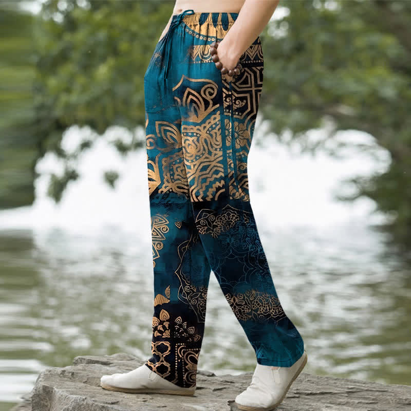 Buddha Stones Pantalones de hombre de algodón con estampado geométrico de mandala y corte ajustado, con bolsillos. - image 1