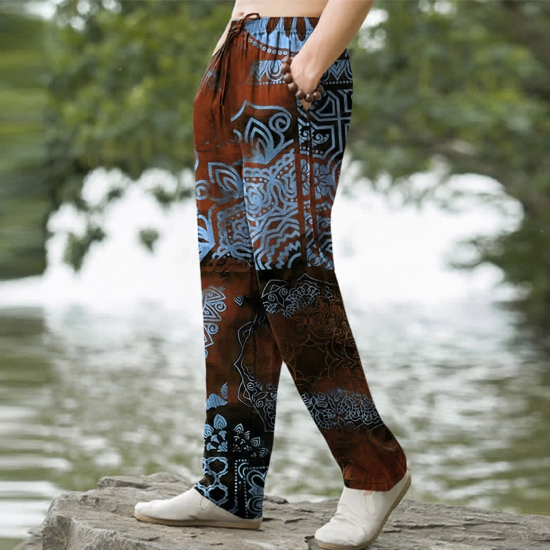 Buddha Stones Pantalones de hombre de algodón con estampado geométrico de mandala y corte ajustado, con bolsillos. - image 5