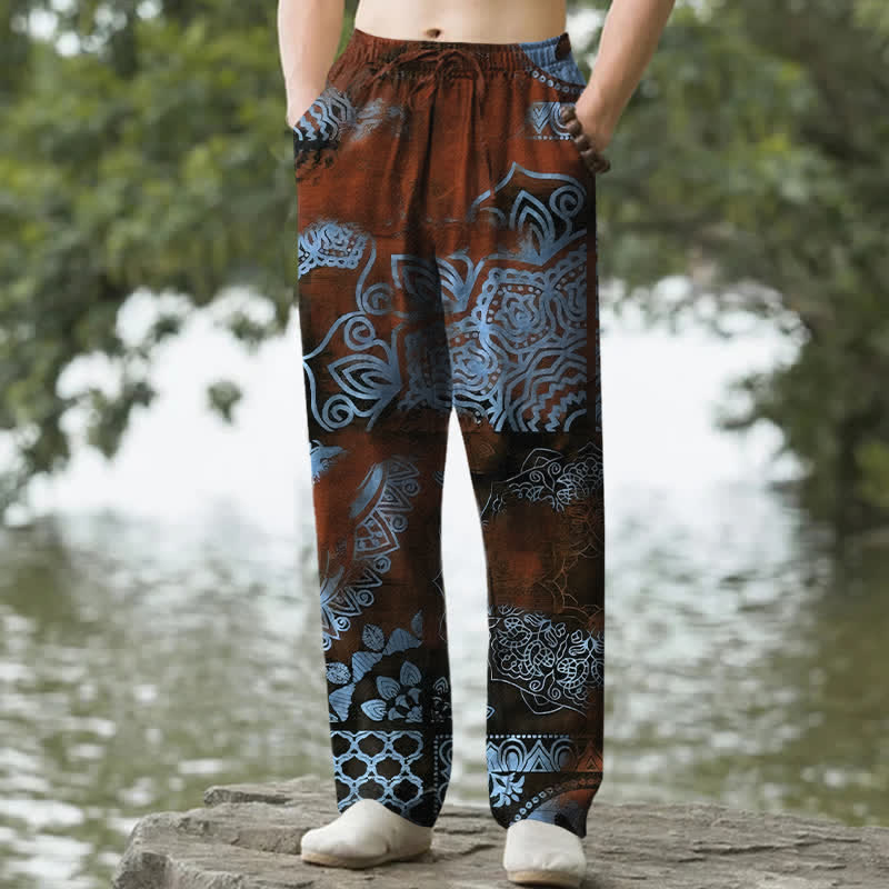 Buddha Stones Pantalones de hombre de algodón con estampado geométrico de mandala y corte ajustado, con bolsillos. - Marrón - US/UK/AU50, EU60 (5XL) - image 4