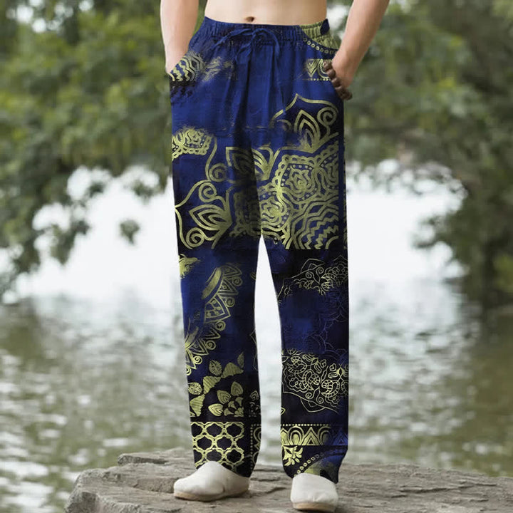 Buddha Stones Pantalones de hombre de algodón con estampado geométrico de mandala y corte ajustado, con bolsillos. - Marina de guerra - US/UK/AU50, EU60 (5XL) - image 6