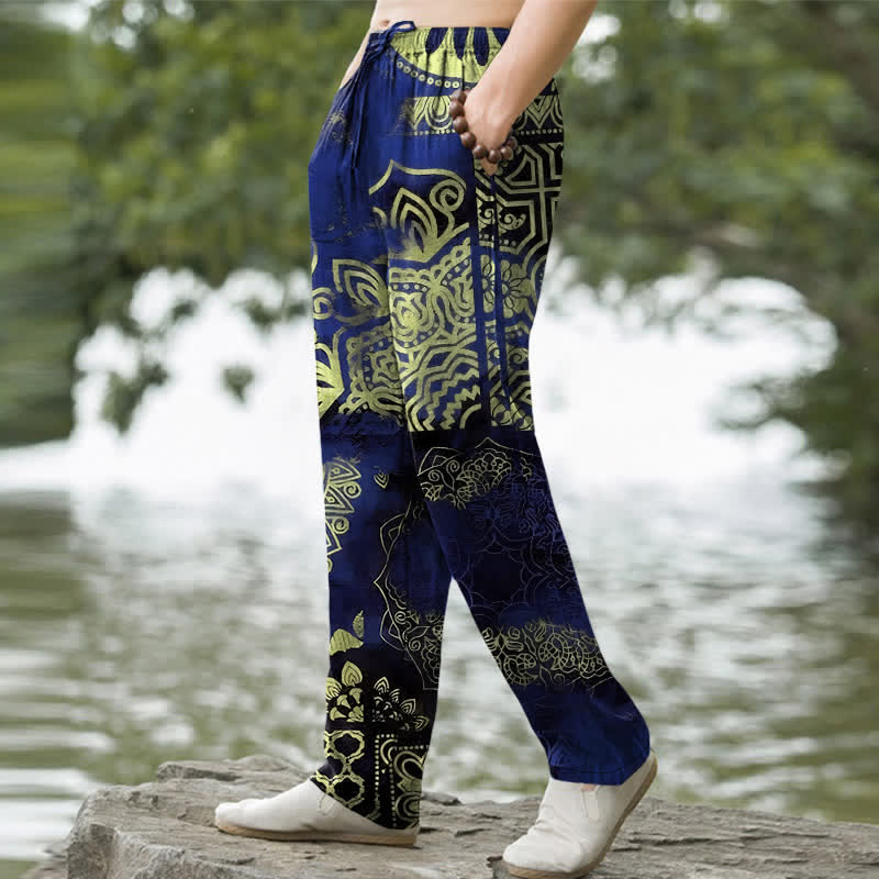 Buddha Stones Pantalones de hombre de algodón con estampado geométrico de mandala y corte ajustado, con bolsillos. - image 7