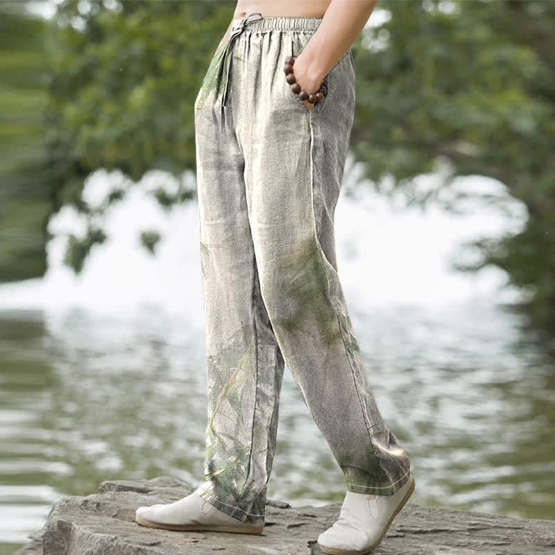 Pantalones de hombre ajustados con bolsillos, de algodón lavado con estampado de bambú y Buddha Stones. - image 1