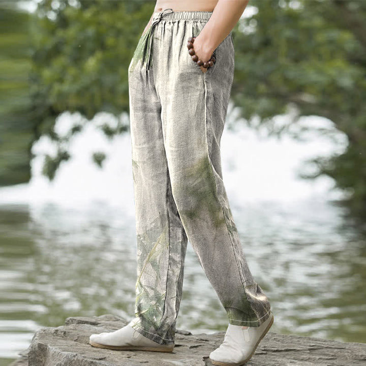 Pantalones de hombre ajustados con bolsillos, de algodón lavado con estampado de bambú y Buddha Stones. - image 1