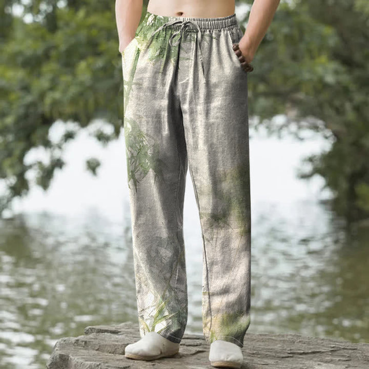 Pantalones de hombre ajustados con bolsillos, de algodón lavado con estampado de bambú y Buddha Stones. - Verde pálido - US/UK/AU50, EU60 (5XL) - image 0