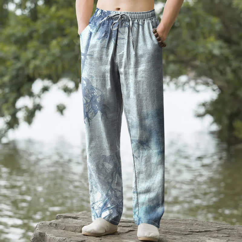 Buddha Stones Pantalones de hombre de algodón lavado con estampado de bambú, corte ajustado y bolsillos. - Azul claro - US/UK/AU50, EU60 (5XL) - image 4