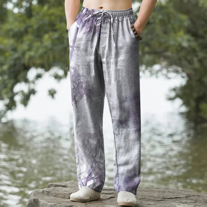 Buddha Stones Pantalones de hombre de algodón lavado con estampado de bambú, corte ajustado y bolsillos. - Lavanda - US/UK/AU50, EU60 (5XL) - image 6
