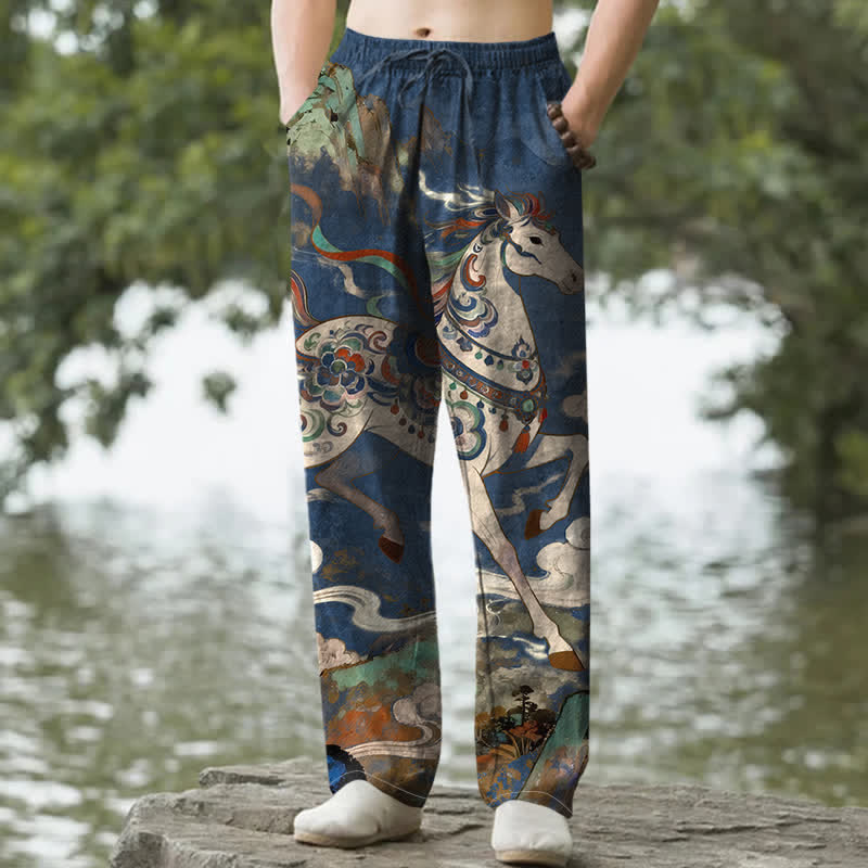 Buddha Stones Pantalones de hombre de algodón con estampado vintage de caballos al galope, corte ajustado y bolsillos. - Marina de guerra - US/UK/AU50, EU60 (5XL) - image 0