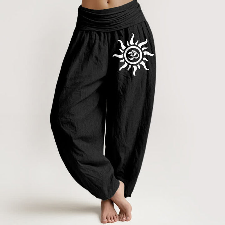 Buddha Stones Pantalones harem de algodón puro con estampado Sun Om y cintura elástica para mujer. - Negro - US16，UK/AU20，EU48 (3XL) - image 0