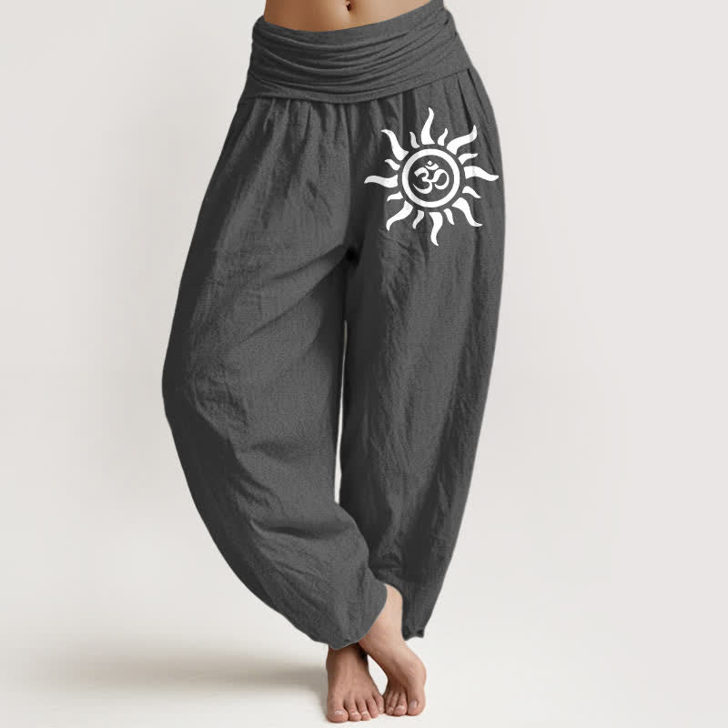 Buddha Stones Pantalones harem de algodón puro con estampado Sun Om y cintura elástica para mujer. - Gris oscuro - US16，UK/AU20，EU48 (3XL) - image 8