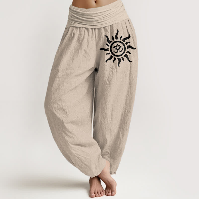 Buddha Stones Pantalones harem de algodón puro con estampado Sun Om y cintura elástica para mujer. - Broncearse - US16，UK/AU20，EU48 (3XL) - image 11