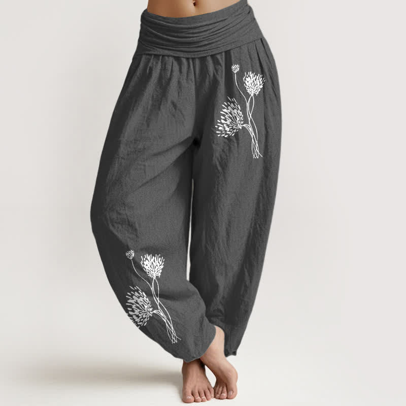 Buddha Stones Pantalones harem de algodón puro con estampado botánico y cintura elástica para mujer. - Gris oscuro - US16，UK/AU20，EU48 (3XL) - image 11
