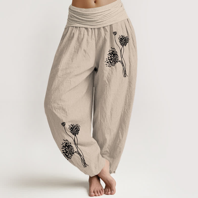 Buddha Stones Pantalones harem de algodón puro con estampado botánico y cintura elástica para mujer. - Broncearse - US16，UK/AU20，EU48 (3XL) - image 0