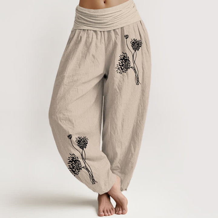 Buddha Stones Pantalones harem de algodón puro con estampado botánico y cintura elástica para mujer. - Broncearse - US16，UK/AU20，EU48 (3XL) - image 0