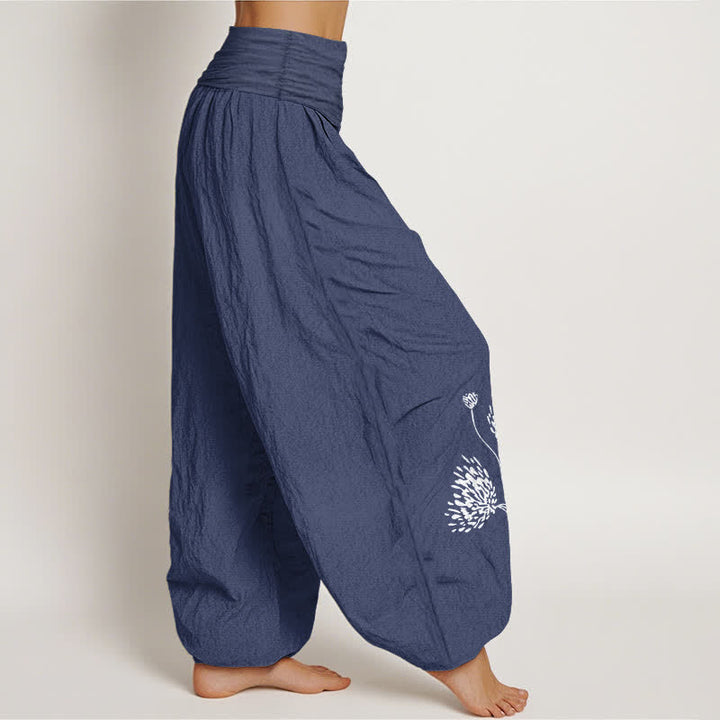 Buddha Stones Pantalones harem de algodón puro con estampado botánico y cintura elástica para mujer. - image 9