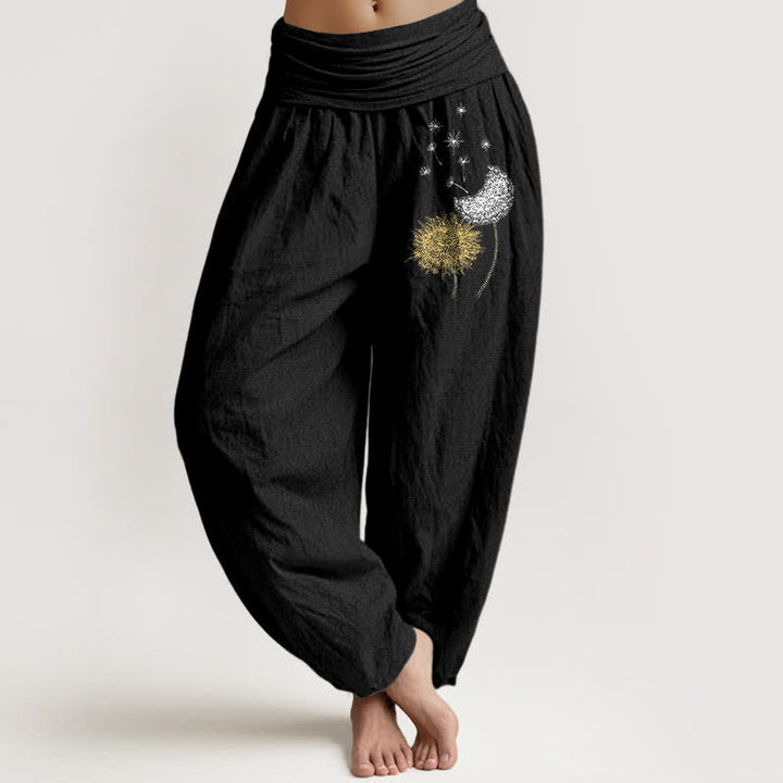 Buddha Stones Pantalones harem de mujer con cintura elástica y estampado de diente de león, de algodón puro. - Negro - US16，UK/AU20，EU48 (3XL) - image 0