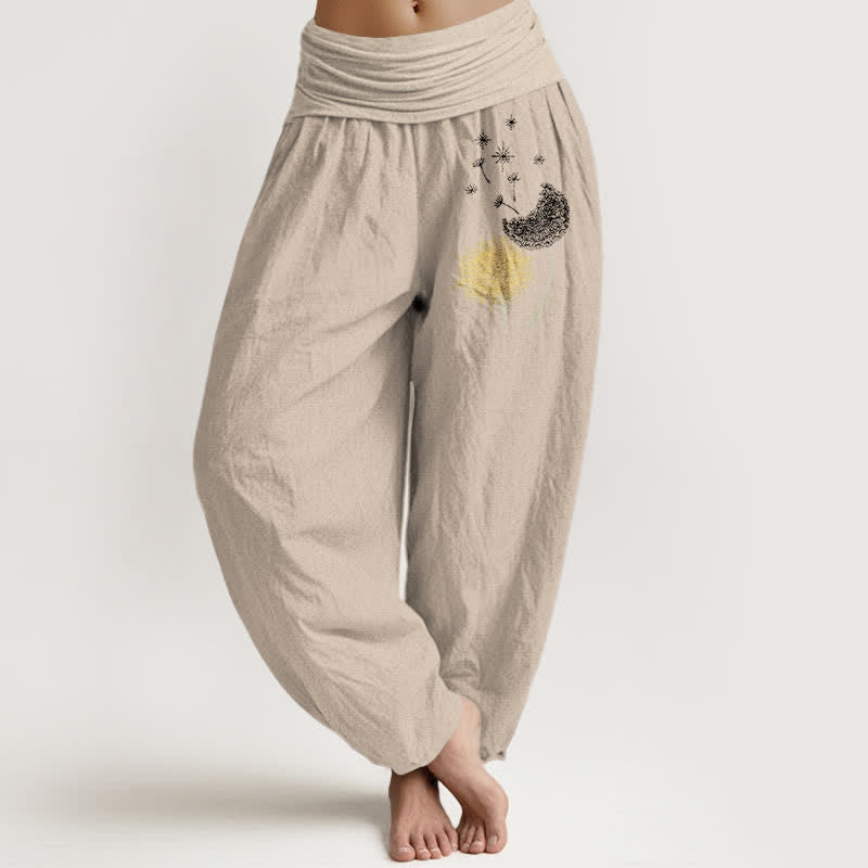 Buddha Stones Pantalones harem de mujer con cintura elástica y estampado de diente de león, de algodón puro. - Broncearse - US16，UK/AU20，EU48 (3XL) - image 11
