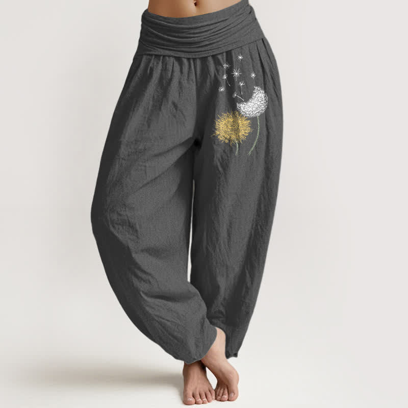 Buddha Stones Pantalones harem de mujer con cintura elástica y estampado de diente de león, de algodón puro. - Gris oscuro - US16，UK/AU20，EU48 (3XL) - image 8