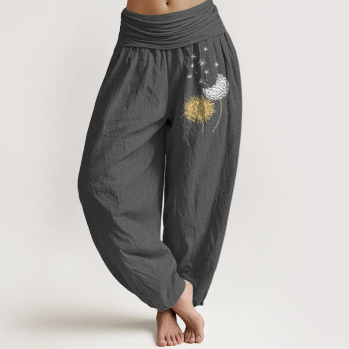 Buddha Stones Pantalones harem de mujer con cintura elástica y estampado de diente de león, de algodón puro. - Gris oscuro - US16，UK/AU20，EU48 (3XL) - image 8