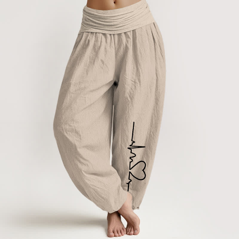 Buddha Stones Pantalones harem de algodón puro con estampado de corazones y cintura elástica para mujer. - Broncearse - US16，UK/AU20，EU48 (3XL) - image 0
