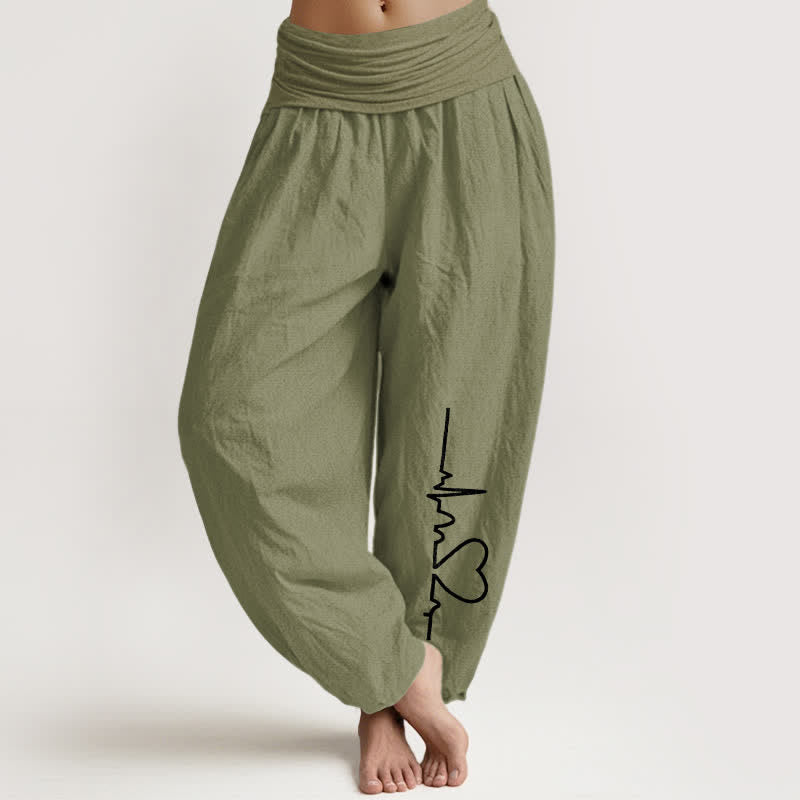 Buddha Stones Pantalones harem de algodón puro con estampado de corazones y cintura elástica para mujer. - Verde oliva - US16，UK/AU20，EU48 (3XL) - image 14