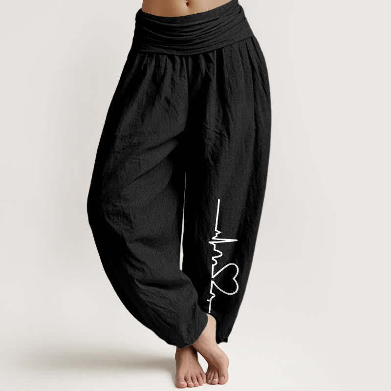 Buddha Stones Pantalones harem de algodón puro con estampado de corazones y cintura elástica para mujer. - Negro - US16，UK/AU20，EU48 (3XL) - image 5