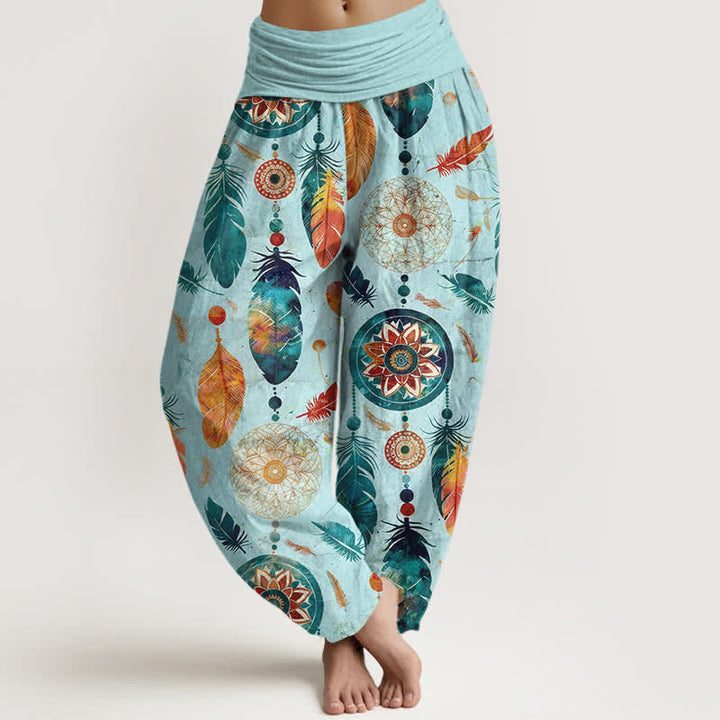 Buddha Stones Pantalones harem de mujer con cintura elástica y estampado de plumas de atrapasueños, de algodón puro. - Turquesa - US16，UK/AU20，EU48 (3XL) - image 5