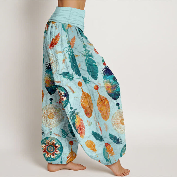Buddha Stones Pantalones harem de mujer con cintura elástica y estampado de plumas de atrapasueños, de algodón puro. - image 6