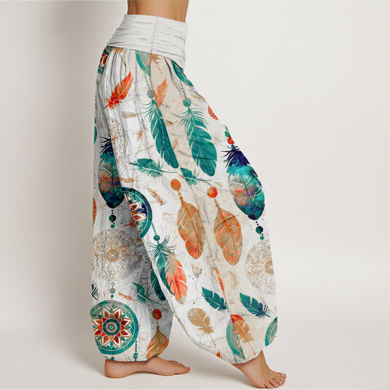 Buddha Stones Pantalones harem de mujer con cintura elástica y estampado de plumas de atrapasueños, de algodón puro. - image 9