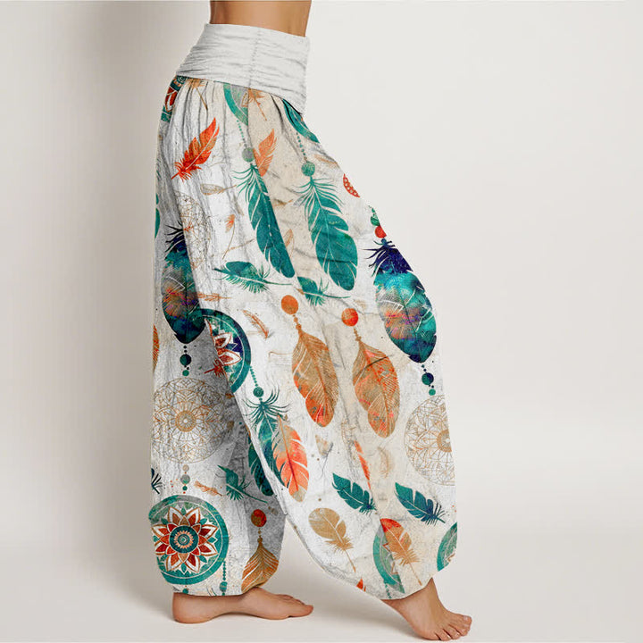 Buddha Stones Pantalones harem de mujer con cintura elástica y estampado de plumas de atrapasueños, de algodón puro. - image 9