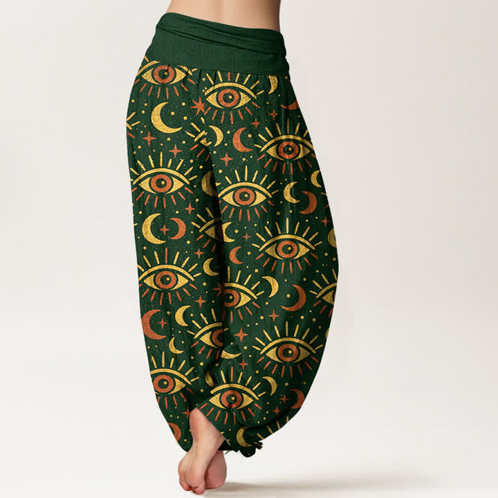 Buddha Stones Pantalones harem de algodón con estampado de luna y ojo místico para mujer con cintura elástica. - image 2