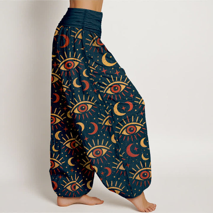Buddha Stones Pantalones harem de algodón con estampado de luna y ojo místico para mujer con cintura elástica. - image 6