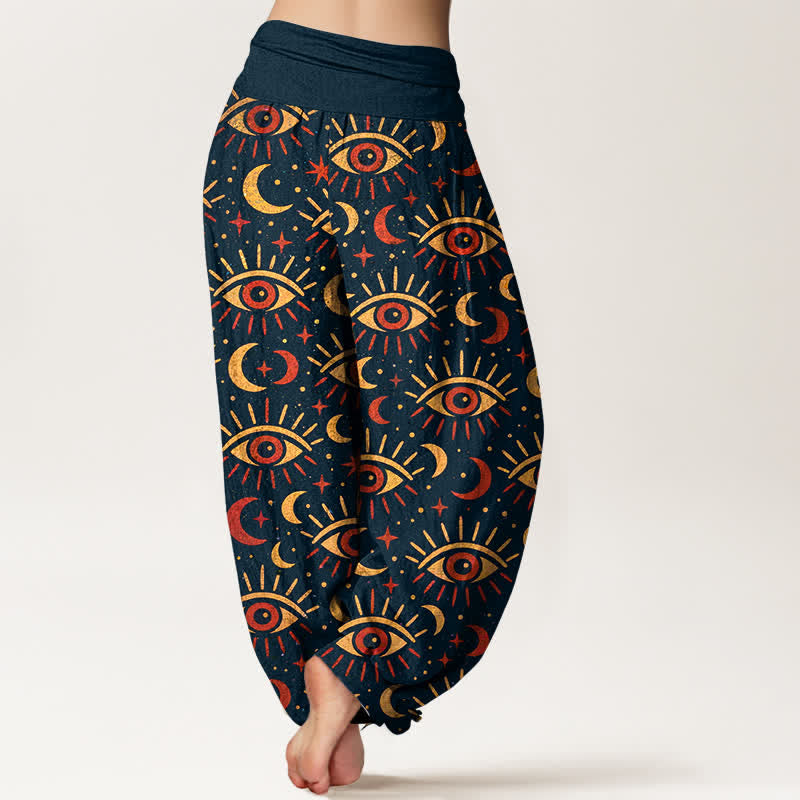 Buddha Stones Pantalones harem de algodón con estampado de luna y ojo místico para mujer con cintura elástica. - image 7