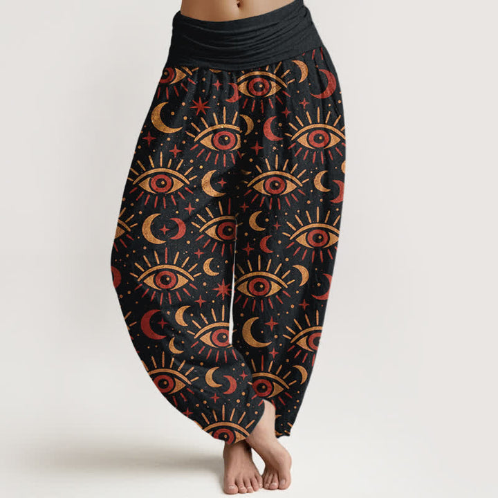 Buddha Stones Pantalones harem de algodón con estampado de luna y ojo místico para mujer con cintura elástica. - Negro - US16，UK/AU20，EU48 (3XL) - image 8