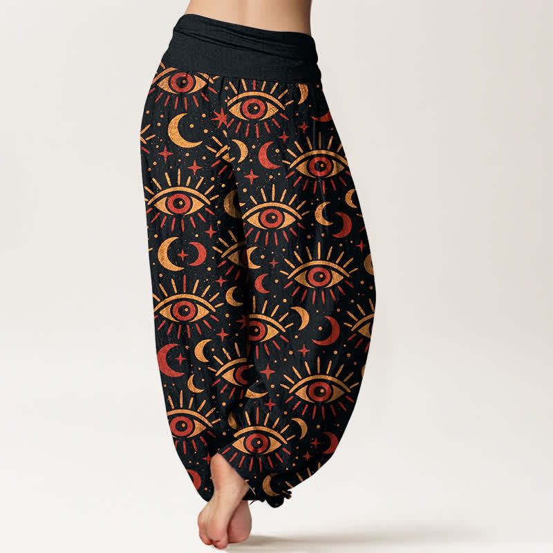Buddha Stones Pantalones harem de algodón con estampado de luna y ojo místico para mujer con cintura elástica. - image 10